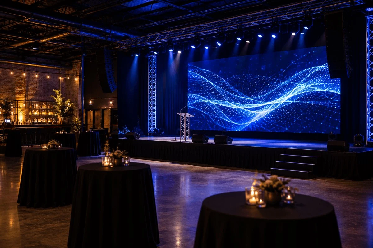 Professional event stage with LED wall, truss and lighting